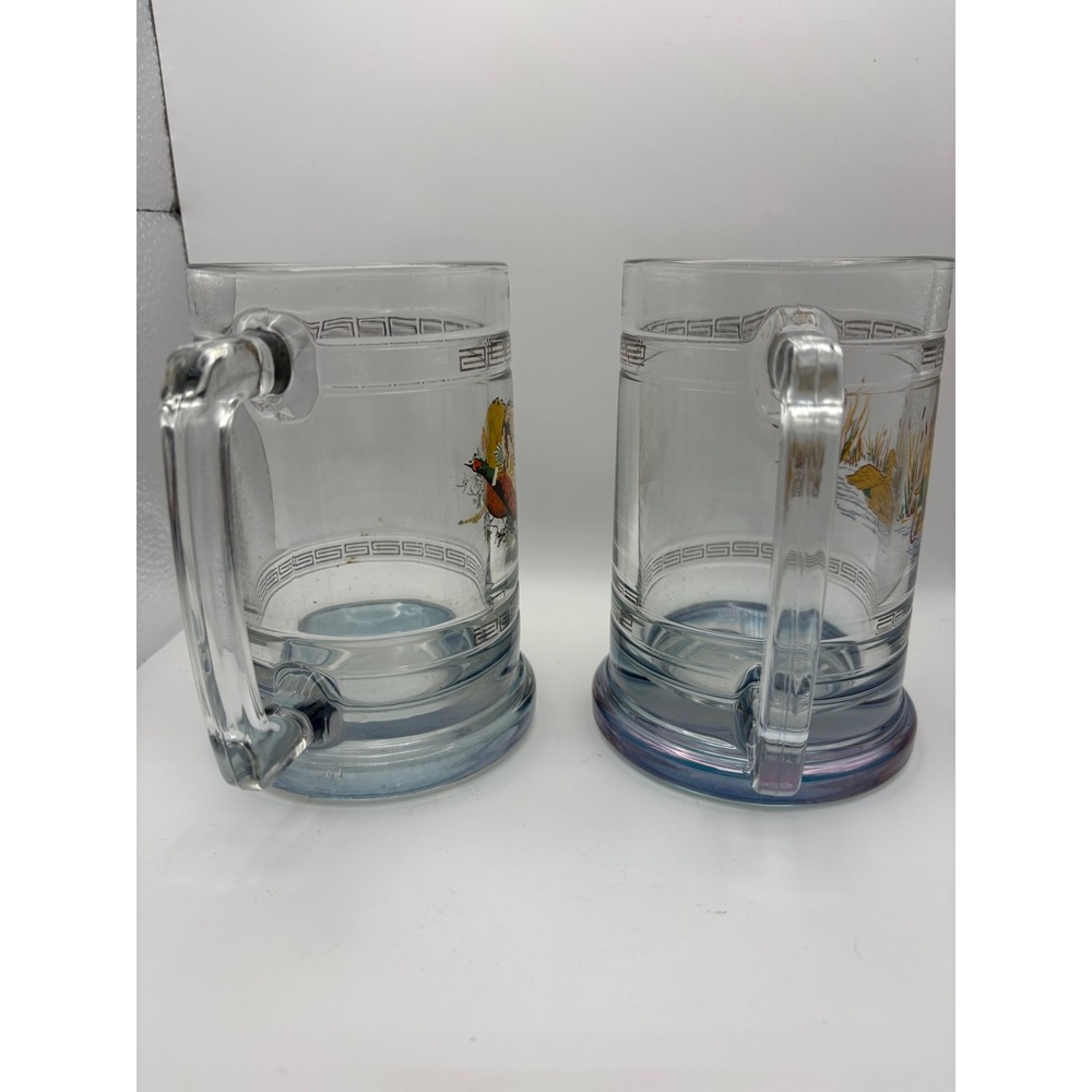 Vintage Wildlife Glass Beer Mugs Set of 2 Pheasant‎ & Mallard Duck Greek Key - Picture 4 of 11